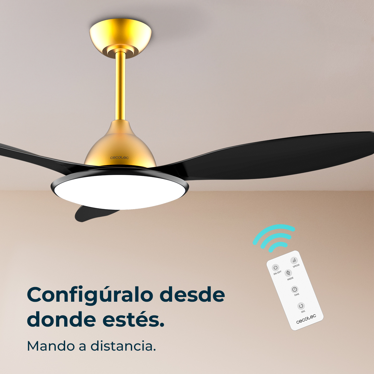 Un ventilatore a soffitto con pale nere e telecomando. La ventola è oro e bianca, il telecomando è bianco. Testo: 'Configura da dove sei'.