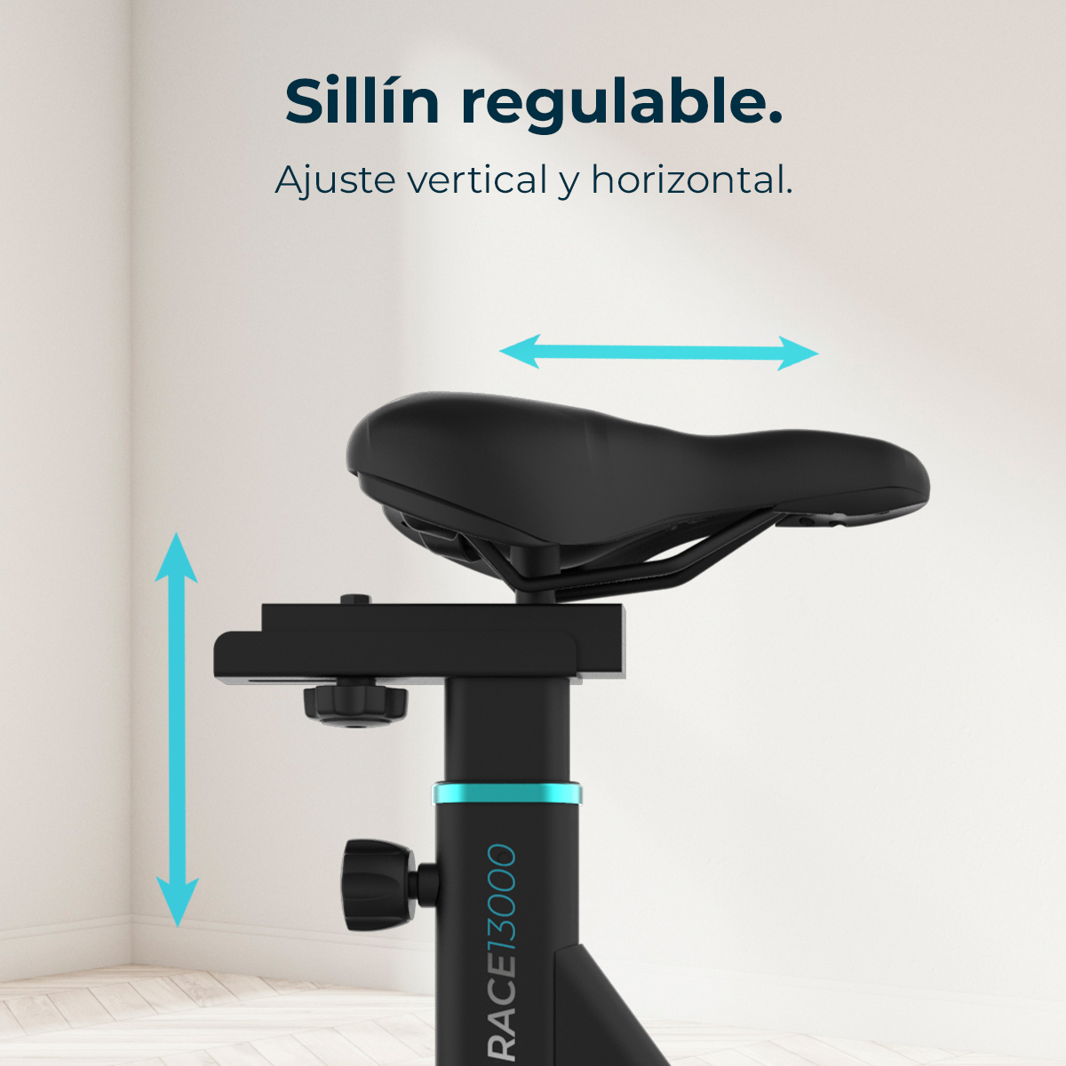 Czarne regulowane siodełko rowerowe ze strzałkami regulacji pionowej i poziomej. Białe tło z tekstem "Sillín regulable".