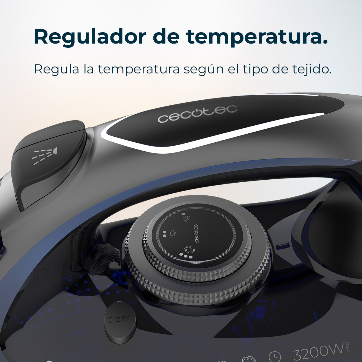 Primo piano di un ferro da stiro nero e grigio con un quadrante di controllo della temperatura. Il quadrante mostra le impostazioni vapore e tessuto. Il marchio è Cecotec.