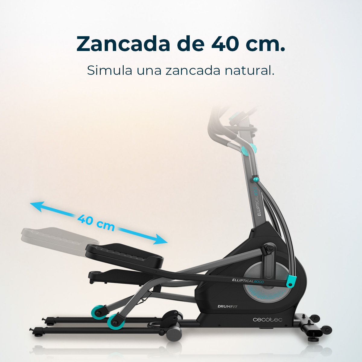 Gezeigt wird ein Ellipsentrainer mit einer Schrittlänge von 40 cm. Er ist schwarz und grau mit türkisfarbenen Akzenten, und der Text lautet 'Elliptical 8000'.
