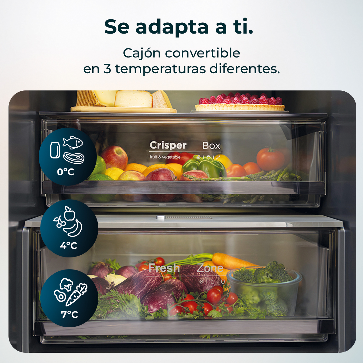 Lodówka z trzema szufladami o zmiennej temperaturze. Widoczne owoce, warzywa, ser i tarta. Ikony pokazują ustawienia temperatury.