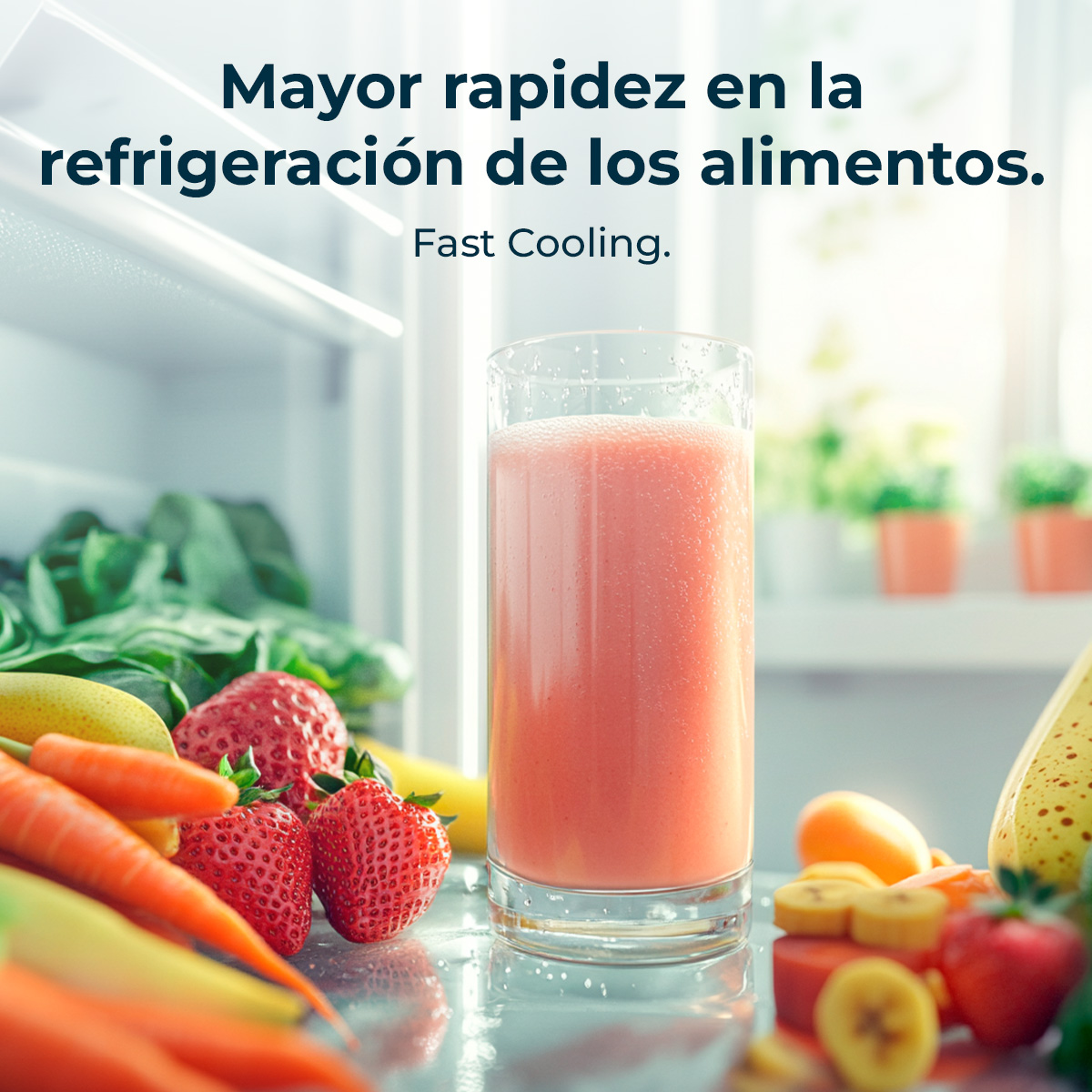Szklanka różowego smoothie w lodówce z owocami i warzywami. Hiszpański tekst: 'Szybkie chłodzenie'.