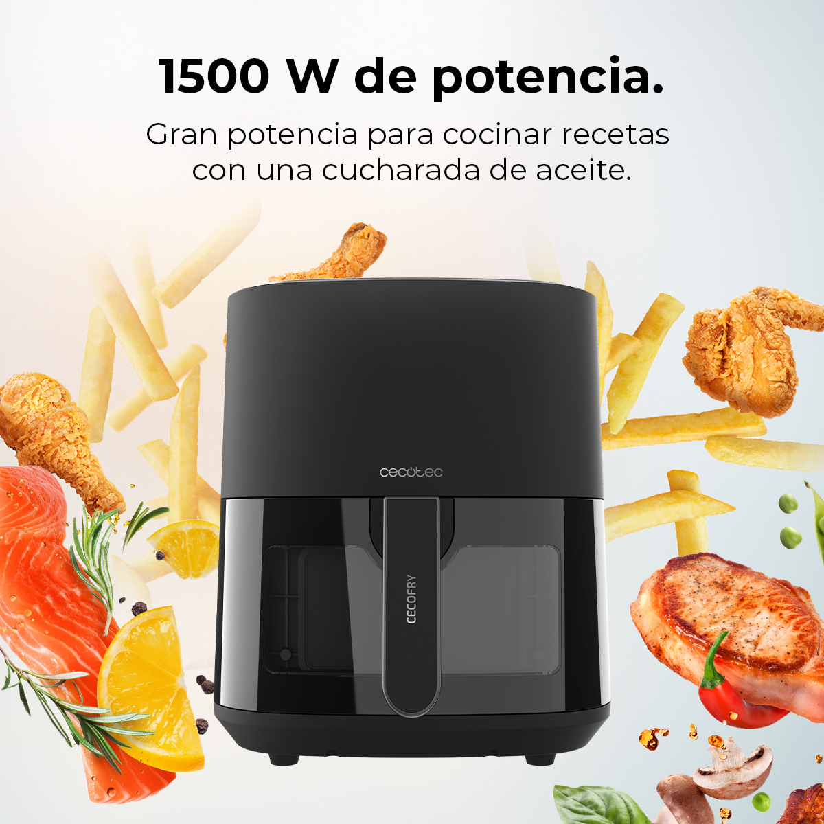 Una freidora de aire negra con alimentos como pollo, papas fritas y salmón flotando. Texto: 1500W de potencia, cocina con una cucharada de aceite.