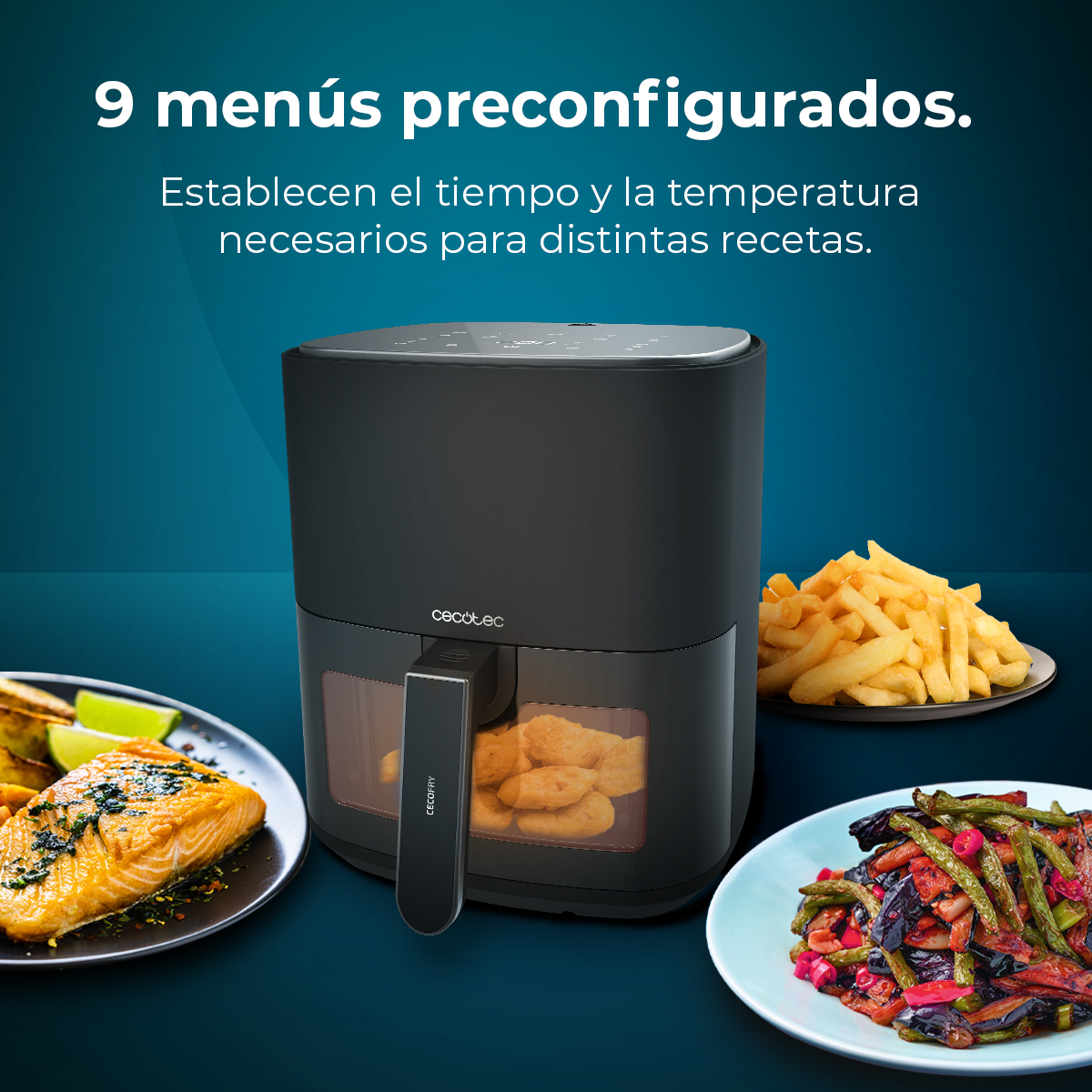 Una freidora de aire con comida en platos: salmón, papas fritas y verduras. Texto dice '9 menús preconfigurados' y 'Establecen el tiempo...'