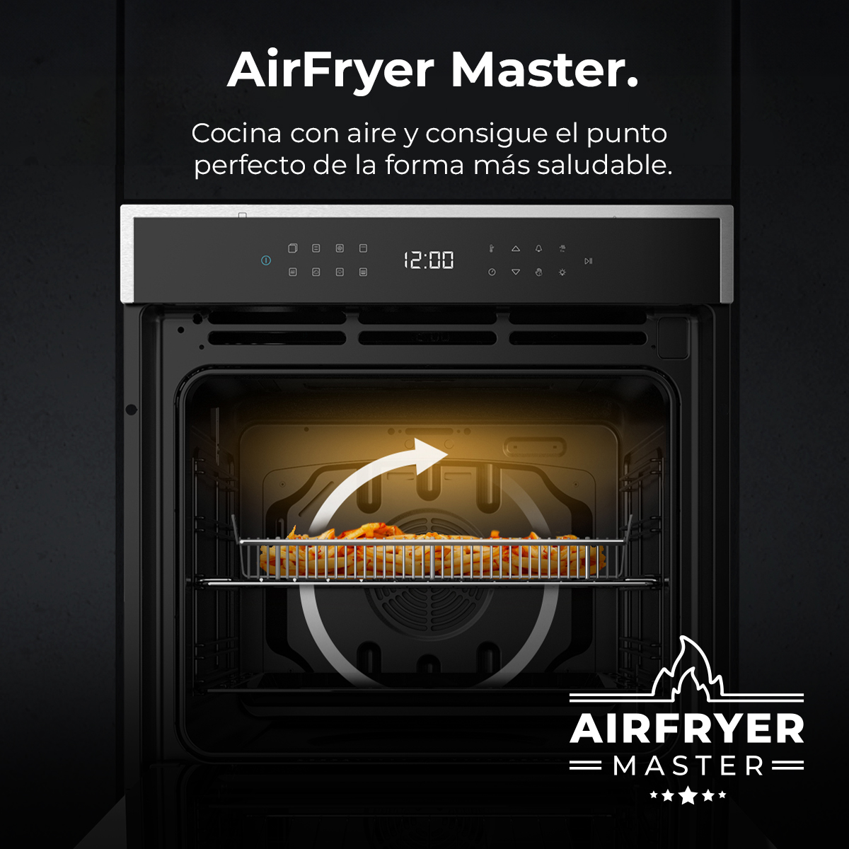 Un horno freidora de aire muestra una pizza cocinándose. La puerta del horno está abierta. El texto dice 'AirFryer Master' y 'Cocina con aire'.