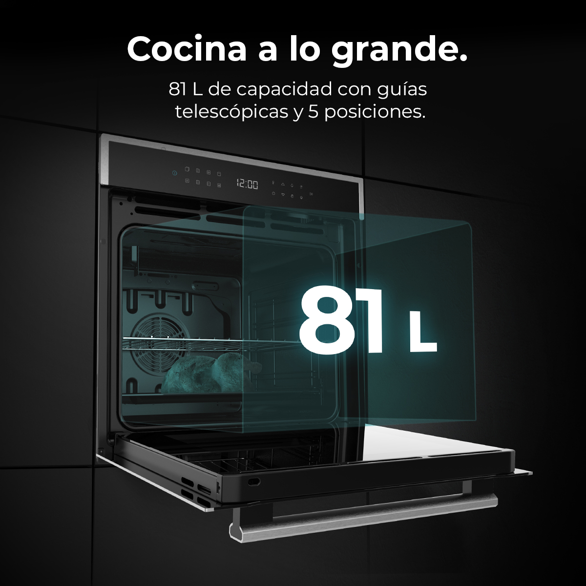 Un horno abierto que muestra el interior con una capacidad de 81L. El texto dice 'Cocina a lo grande'. Horno en blanco y negro.