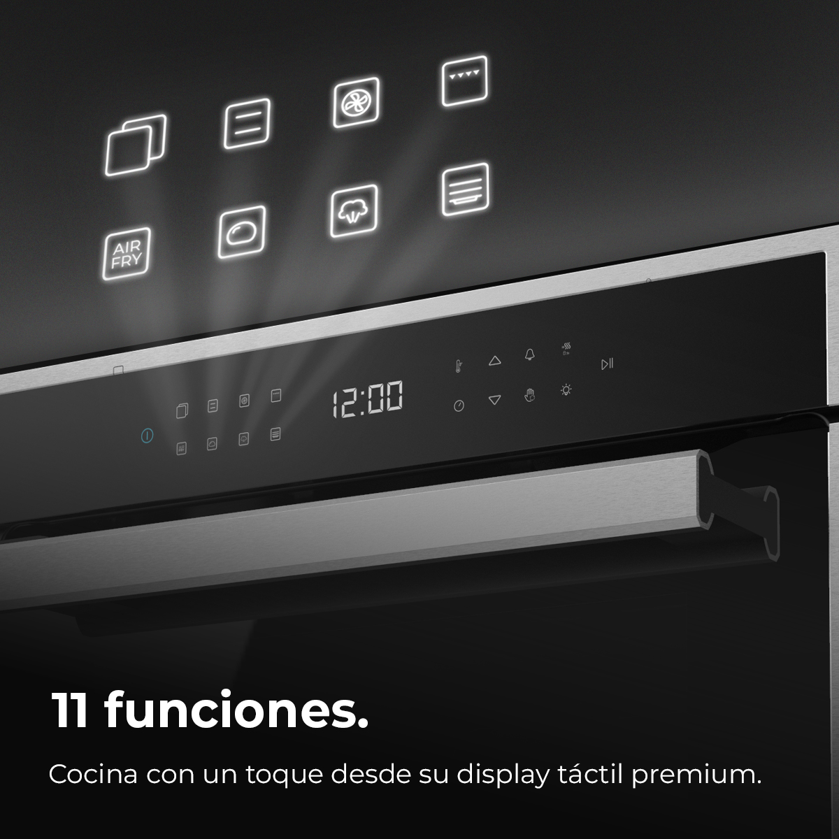 Primer plano del panel de control de un horno con iconos iluminados, un reloj digital que muestra las 12:00 y las palabras '11 funciones'.