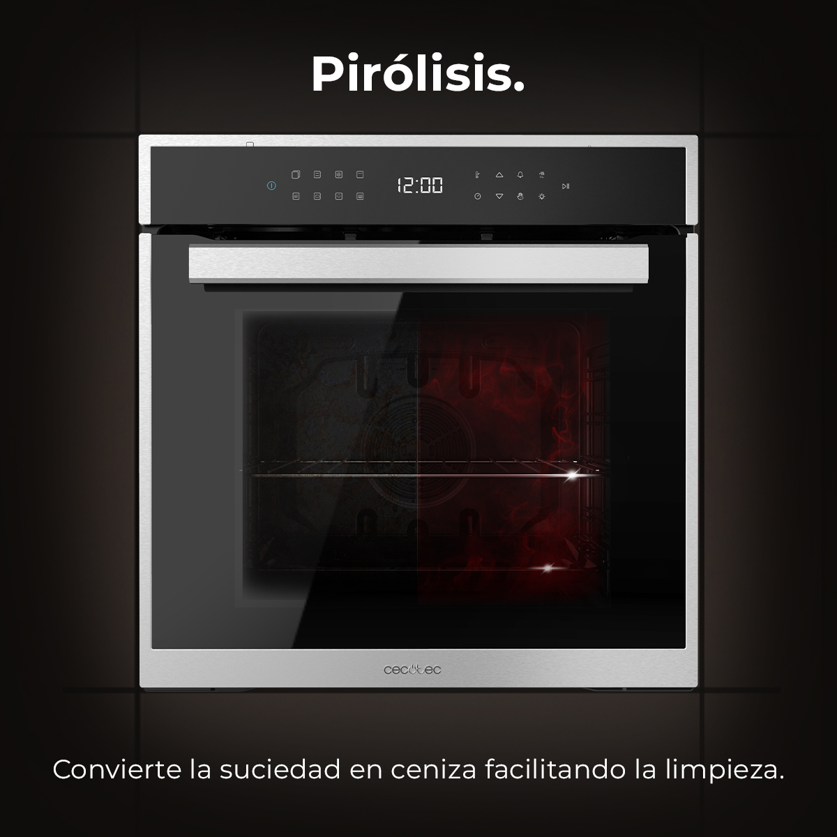 Horno moderno con pantalla digital 12:00. Interior dividido, un lado limpio y el otro rojo.