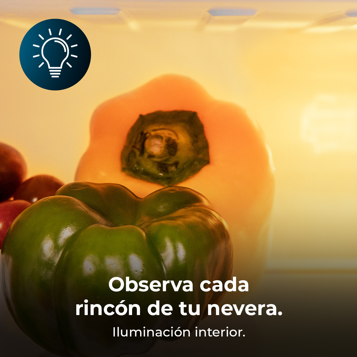 Zielona papryka, pomarańczowa papryka i pomidory są w lodówce. Ikona żarówki w lewym górnym rogu. Tekst na dole.