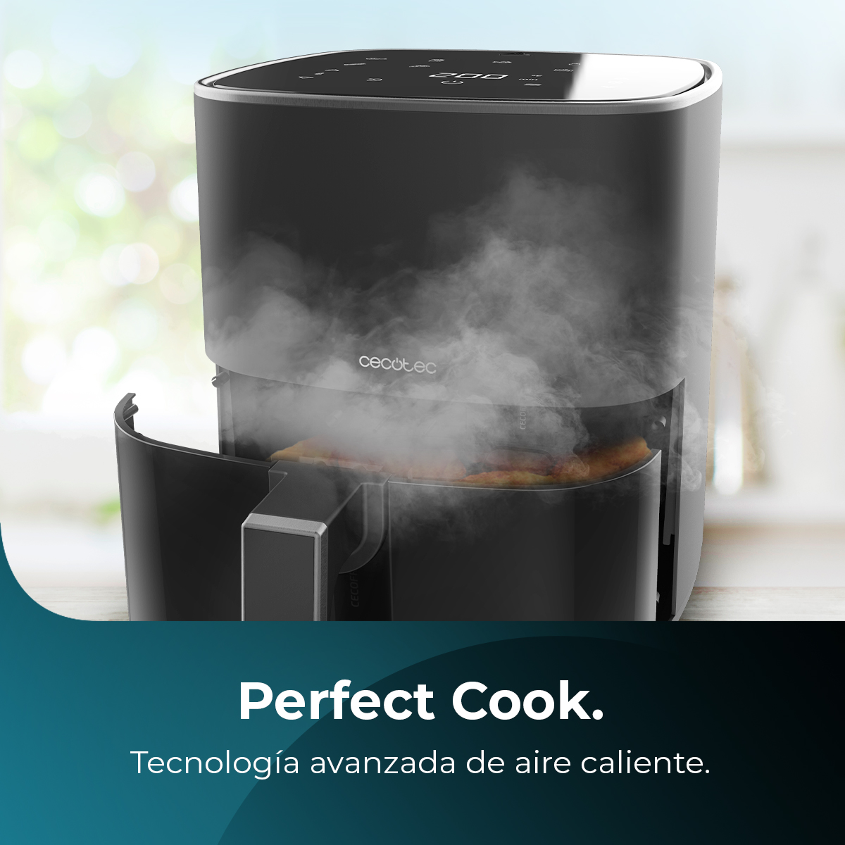 Ein schwarzer Airfryer, aus dessen Korb Dampf aufsteigt. Der Markenname ist sichtbar. Text: 'Perfect Cook' und 'fortschrittliche Heißlufttechnologie'.