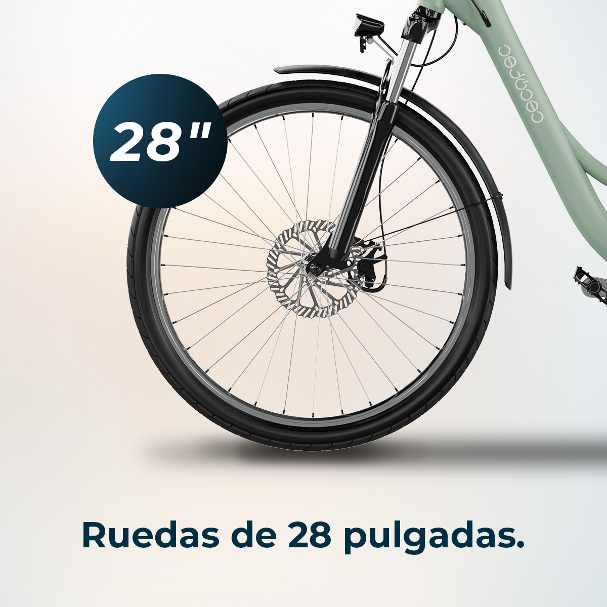 Koło roweru z napisem 28". Koło ma czarną oponę i hamulce tarczowe. Rower jest jasnozielony.