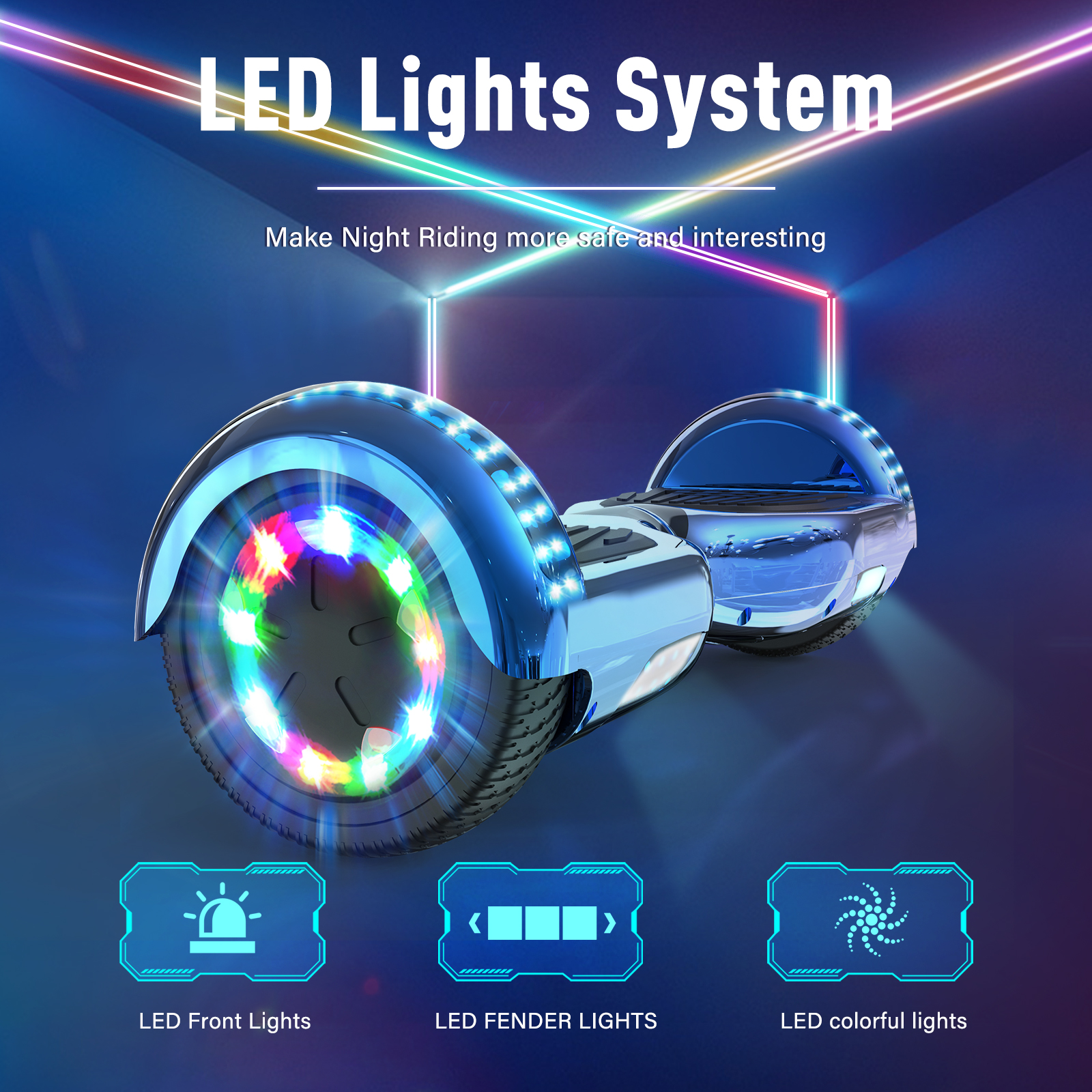 Ein blaues Hoverboard mit bunten LED-Leuchten an den Rädern. Text lautet 'LED Lights System'.