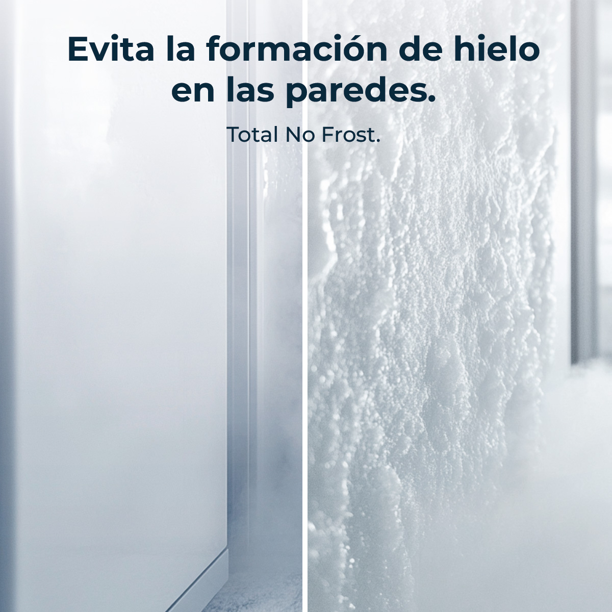 Obraz przedstawia szron na ścianie. Tekst mówi: 'Evita la formación de hielo en las paredes. Total No Frost'.