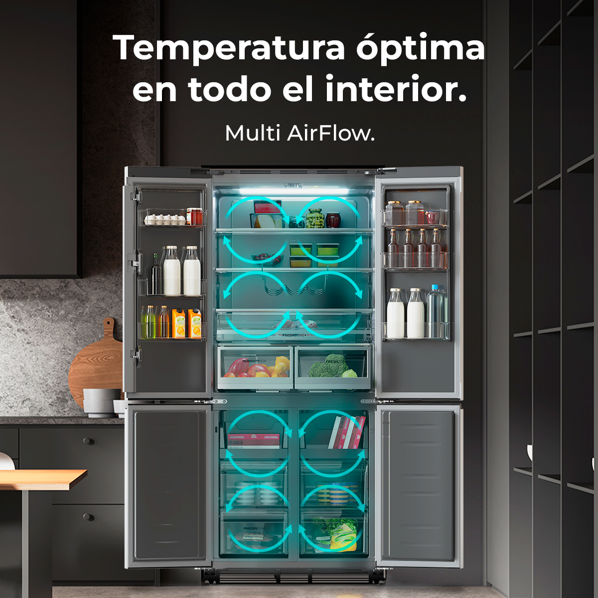 Otwarta lodówka z jedzeniem w środku. Strzałki wskazują przepływ powietrza. Tekst: Optymalna temperatura w całym wnętrzu. Multi AirFlow.