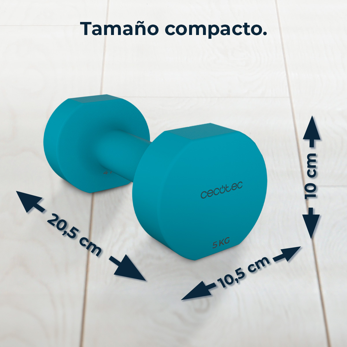 Manubrio turchese con dimensioni. È lungo 20,5 cm, largo 10,5 cm e alto 10 cm. Pesa 5 kg.