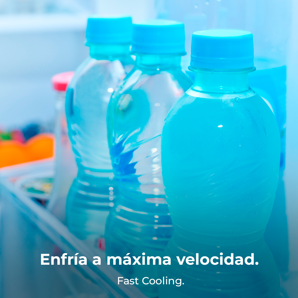 Trzy butelki wody z niebieskimi nakrętkami w lodówce. Tekst: 'Szybkie chłodzenie'.