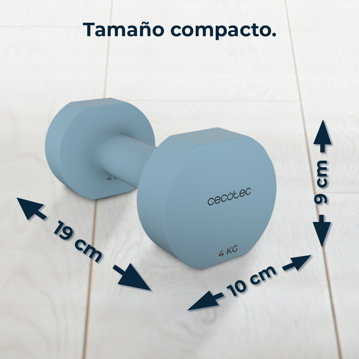 Hellblaue Hantel auf hellbraunem Holz. Abmessungen: 19cm, 10cm, 9cm. Gewicht 4kg. Marke Cecotec.