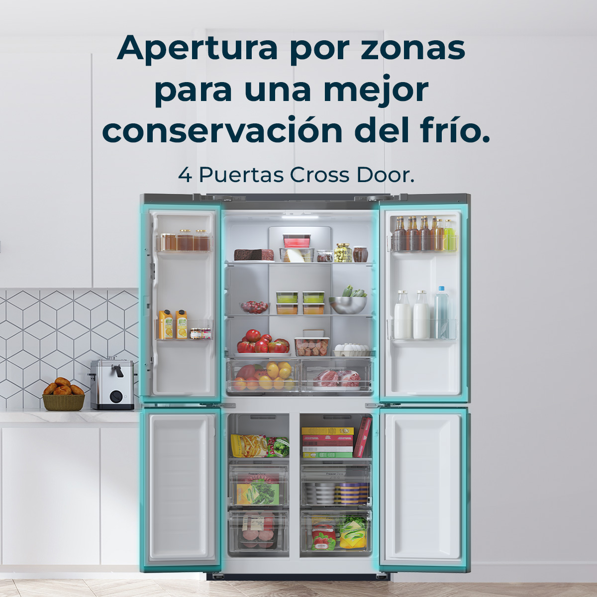 Un frigorifero turchese a quattro porte è aperto. Frutta, verdura e altri alimenti sono visibili all'interno. Il testo recita '4 Puertas Cross Door'.