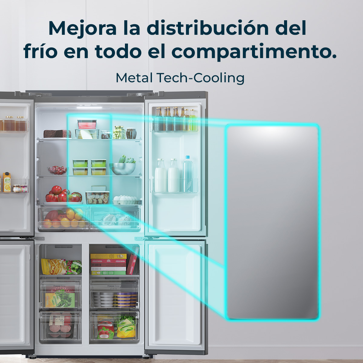 Frigorifero aperto che mostra scaffali di cibo. Testo: 'Mejora la distribución del frío'. Linee blu evidenziano il raffreddamento.