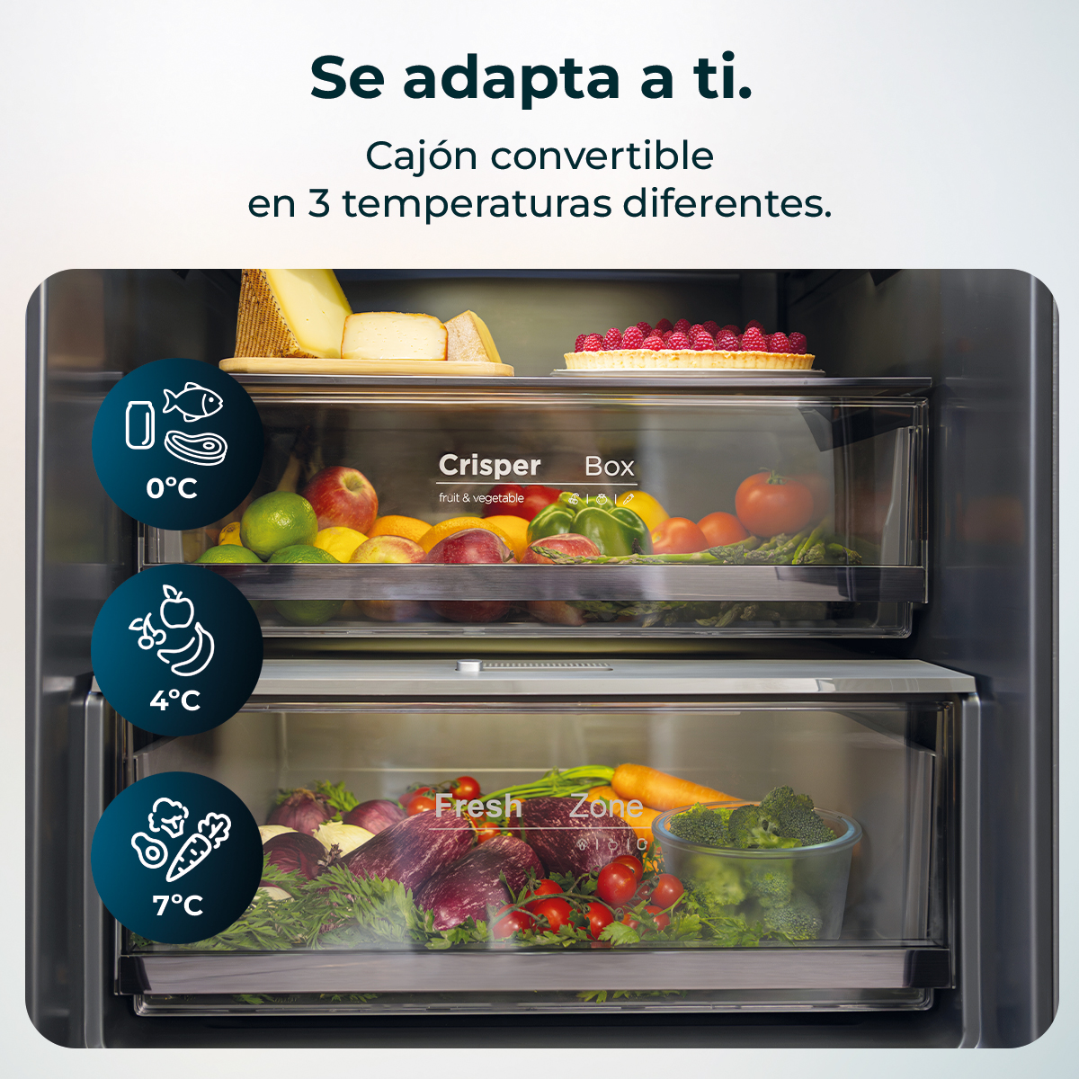 Interior de un refrigerador que muestra productos, queso y una tarta en diferentes zonas de temperatura. El texto dice: 'Se adapta a ti'.