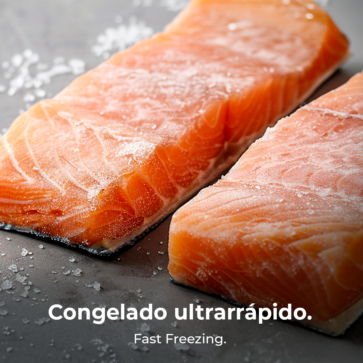 Due pezzi di salmone congelato con cristalli di ghiaccio su una superficie grigia. Testo: 'Congelamento rapido'.