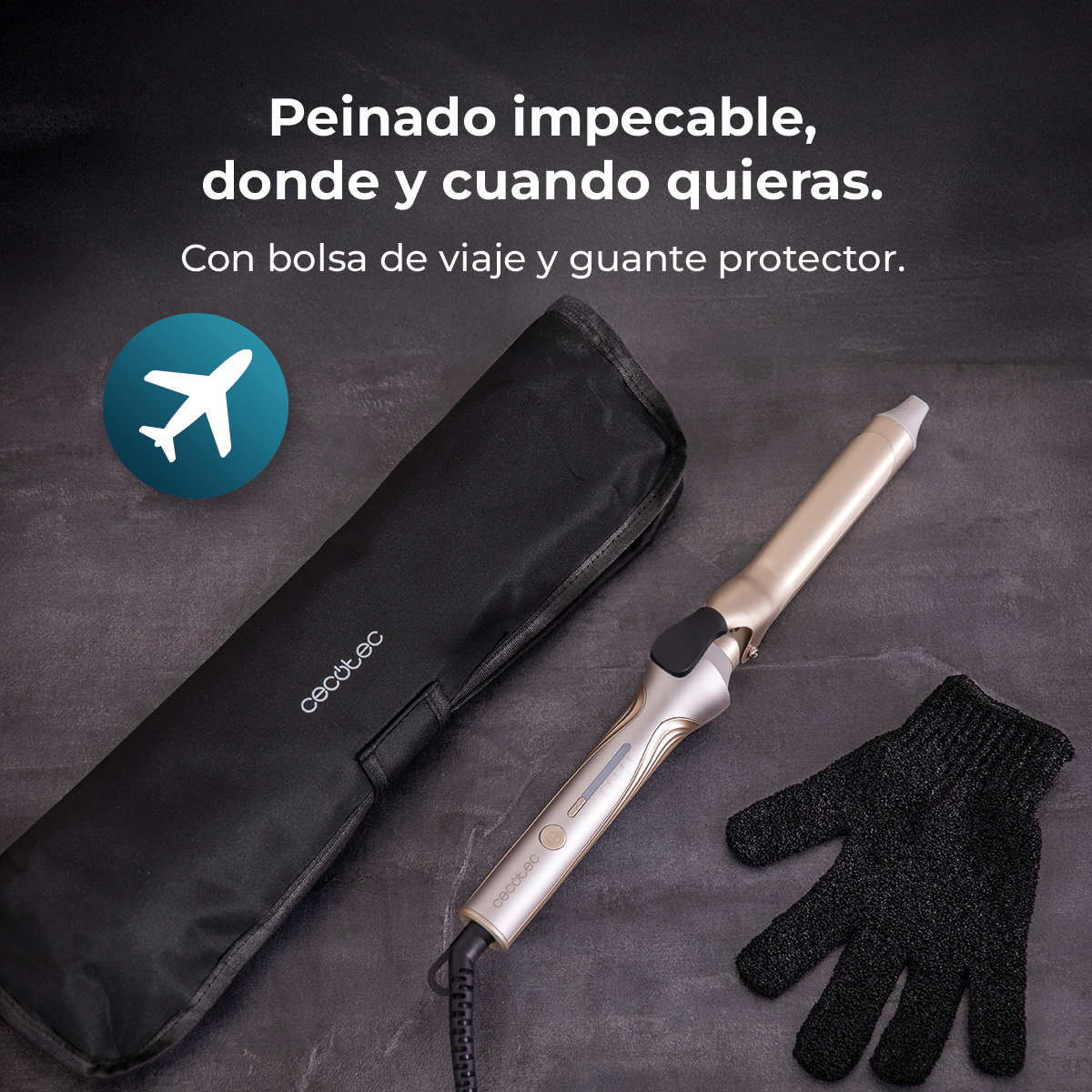 Un arricciacapelli con custodia nera e guanto nero su superficie scura. Testo: acconciatura impeccabile, sempre e ovunque. Include borsa da viaggio.