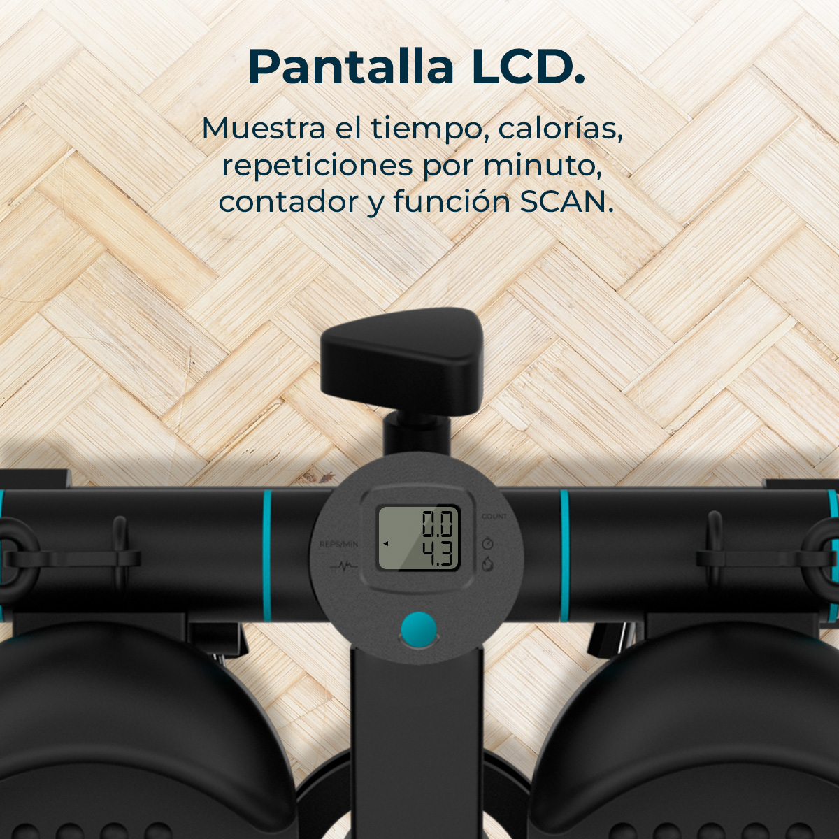 Una pantalla LCD de máquina de fitness muestra tiempo, calorías, repeticiones, contador, y función SCAN. Detalles en negro y turquesa.