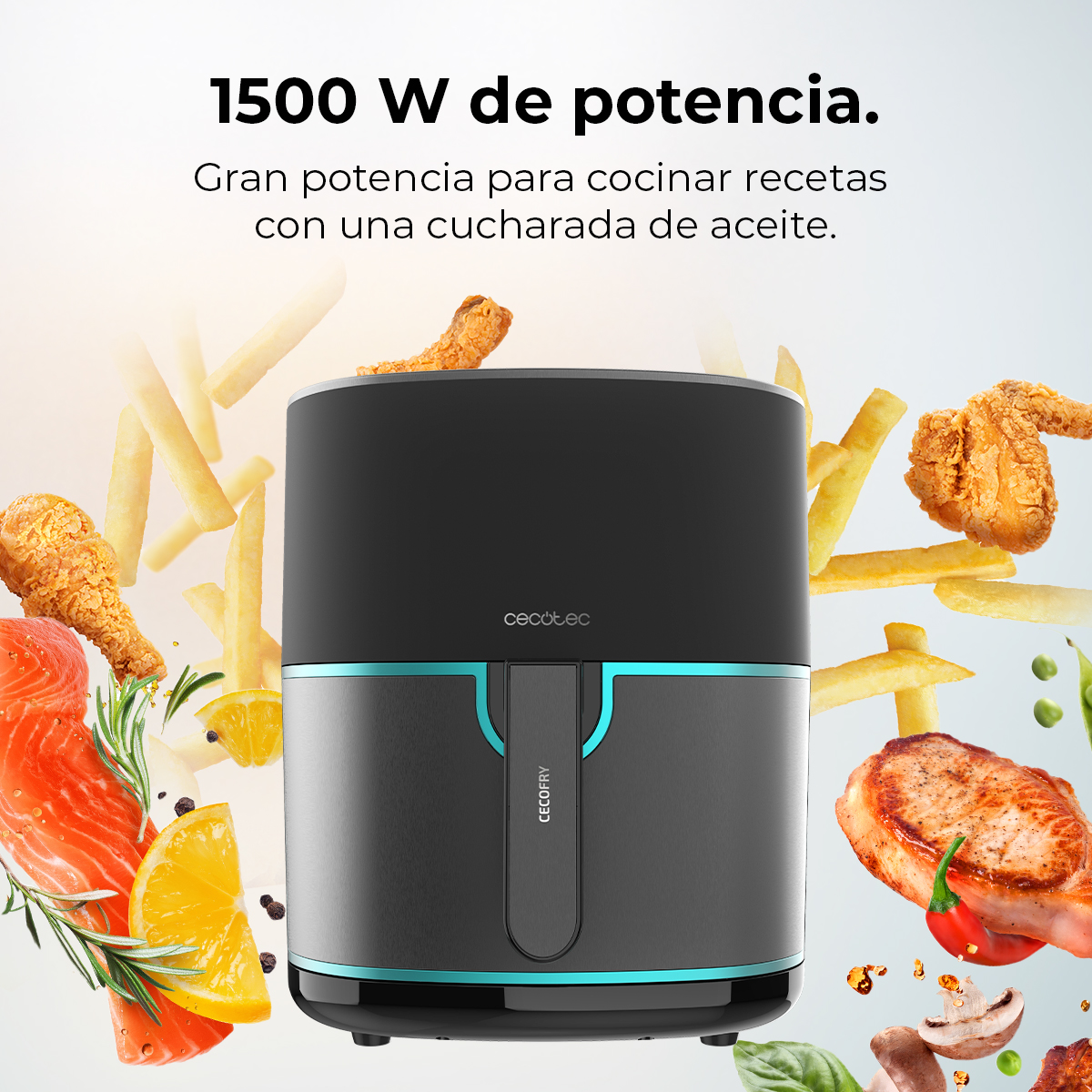 Una freidora de aire con alimentos como pollo, papas fritas y salmón. El texto dice '1500 W de potencia' y 'Gran potencia para cocinar recetas'.