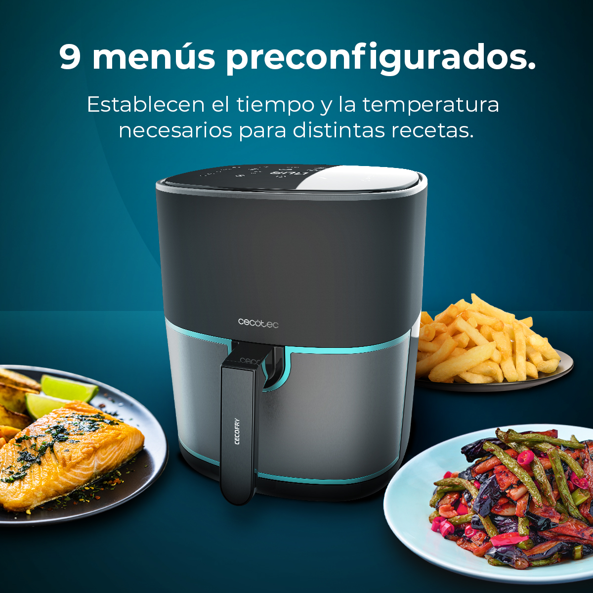 Una freidora de aire con comidas preparadas en platos. Se muestran papas fritas, pescado y verduras. El texto describe menús preconfigurados.