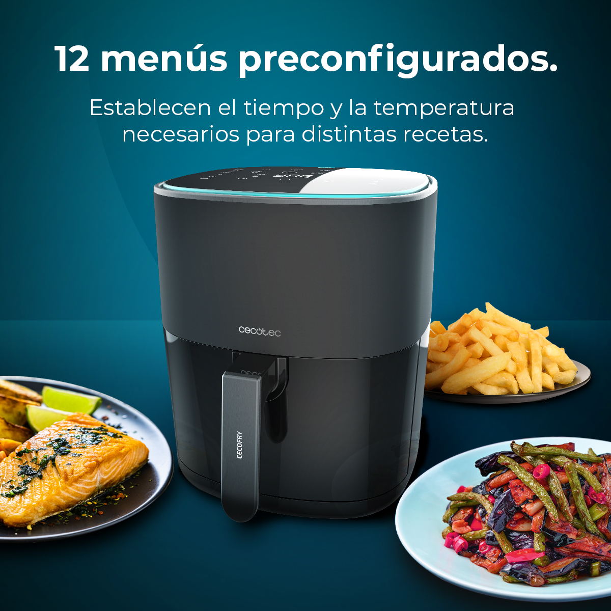 Una freidora de aire con comidas preparadas como papas fritas, salmón y verduras. El texto dice '12 menús preconfigurados'.