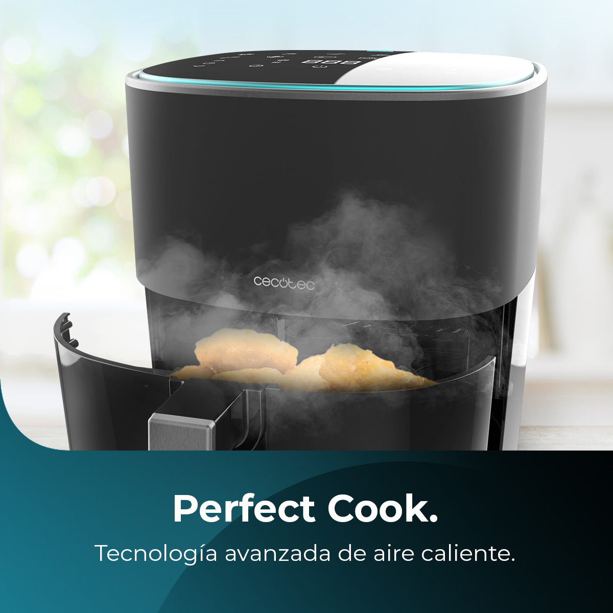 Una freidora de aire negra con comida dentro, vapor subiendo. El texto dice 'Perfect Cook' y texto en español debajo.