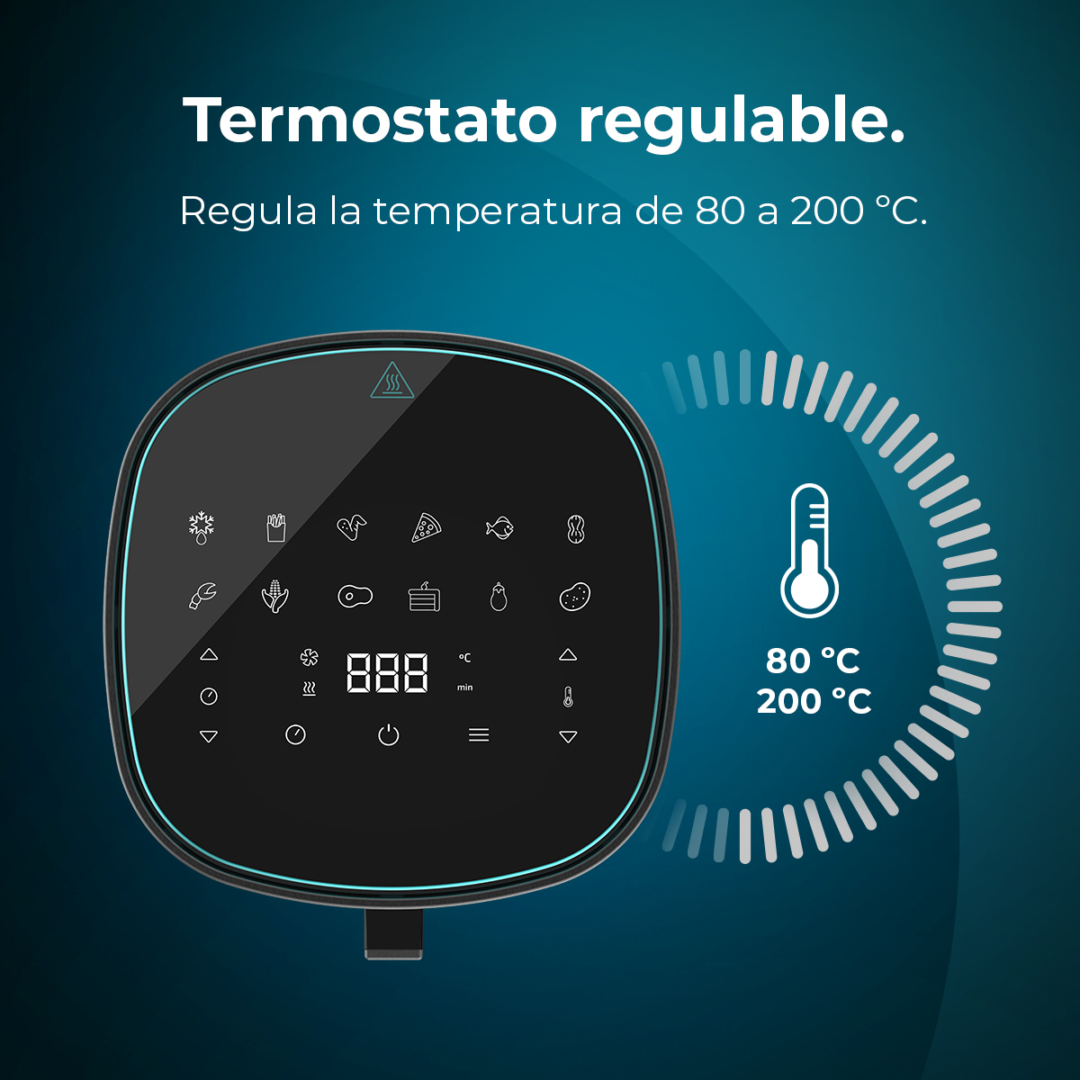 Panel de control negro de freidora de aire con iconos y pantalla digital 888. Termómetro indica rango de temperatura 80-200°C.