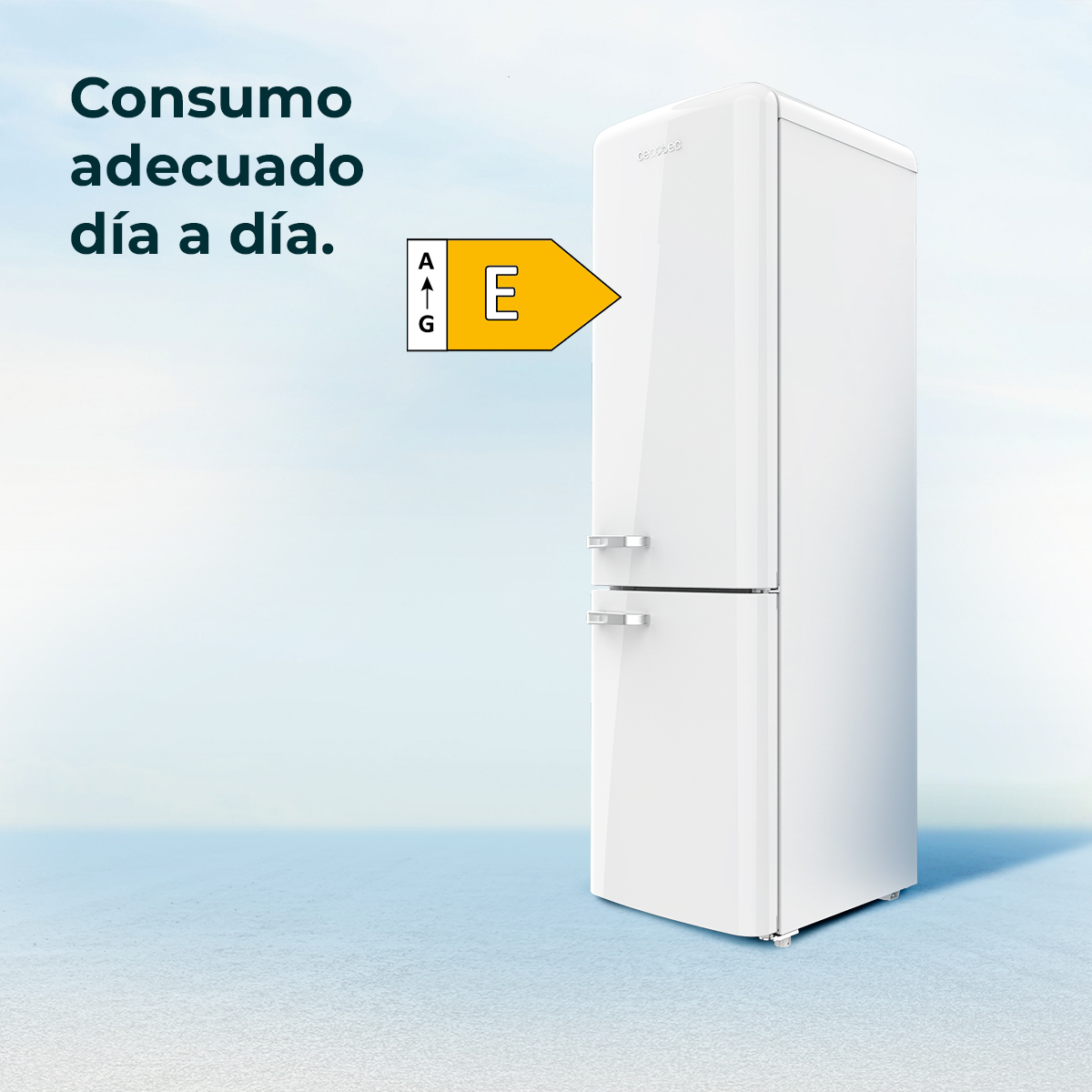 Biała lodówka z etykietą efektywności energetycznej (E) na jasnoniebieskim tle. Tekst: 'Consumo adecuado día a día'.