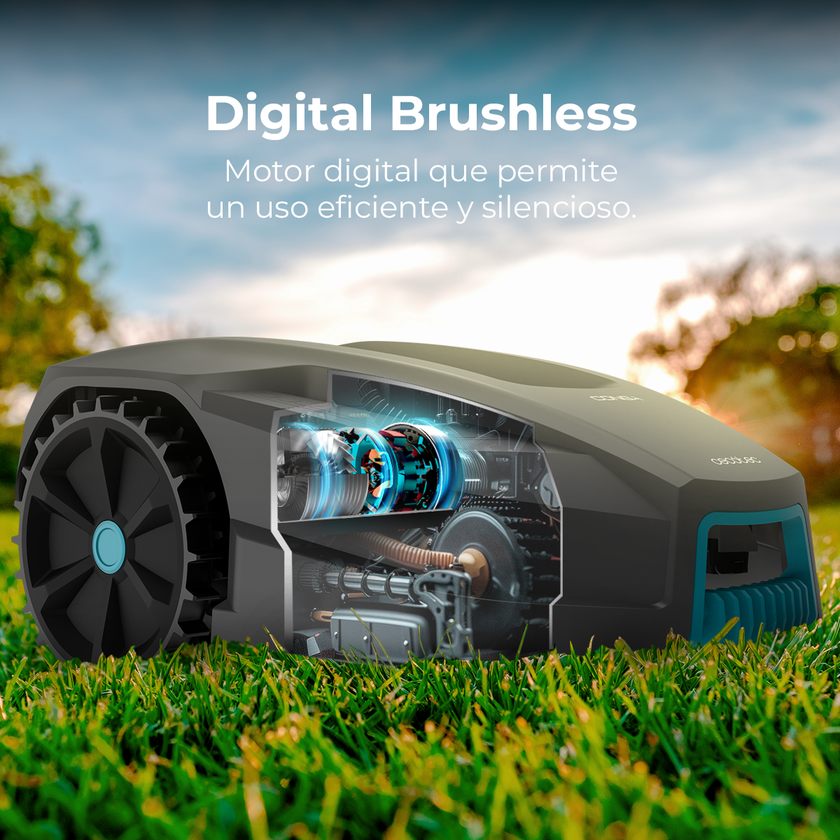 Robot koszący trawę z widokiem na wnętrze, pokazującym jego wewnętrzne działanie. Niebo jest niebieskie i świeci słońce.