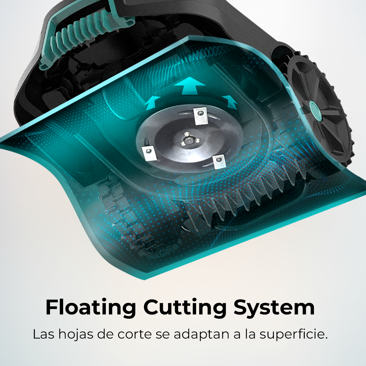 Schemat pływającego systemu tnącego kosiarki. Strzałki pokazują przepływ powietrza. Tekst: Pływający system tnący. Ostrza dopasowują się.