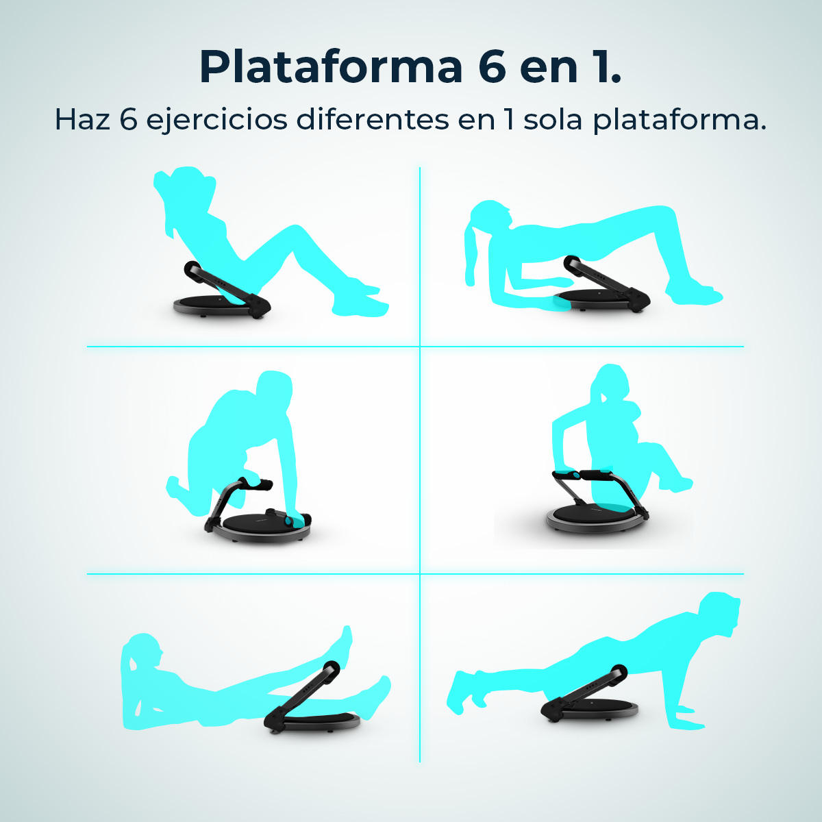 L'immagine mostra una piattaforma con 6 dimostrazioni di esercizi. Sagome blu eseguono diversi esercizi utilizzando la piattaforma.