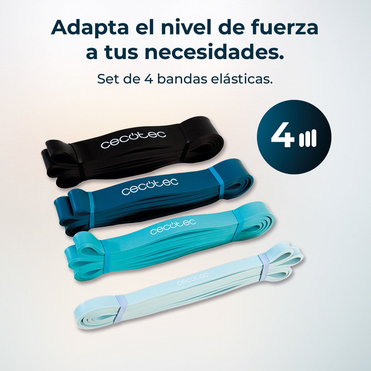 Se muestran cuatro bandas elásticas de resistencia en negro, azul, turquesa y celeste. Un círculo muestra el número '4'.