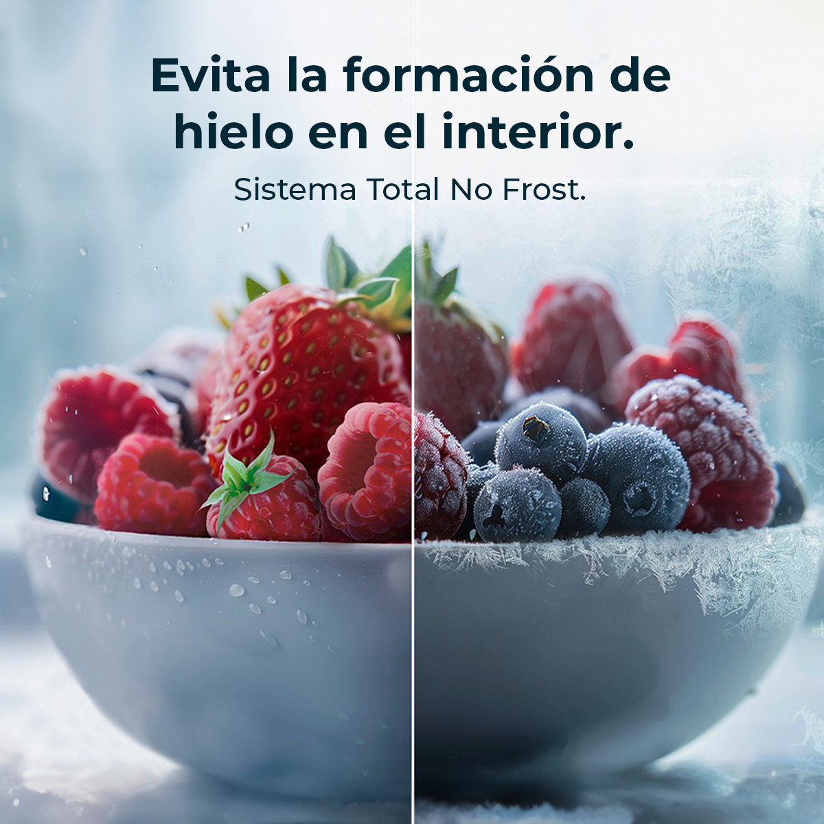 Biała miska wypełniona truskawkami, malinami i borówkami. Obraz ma tekst na górze i efekt mrozu po prawej stronie.