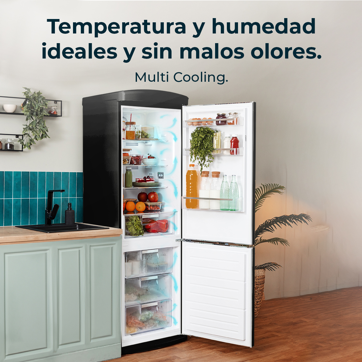 Otwarta lodówka z jedzeniem, owocami i napojami. Niebieskie strzałki pokazują przepływ powietrza. Blat kuchenny i roślina tropikalna w koszu.