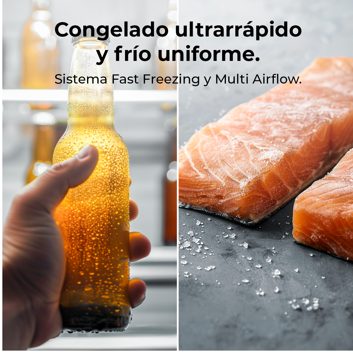 Dłoń trzymająca butelkę piwa, po prawej, i mrożony łosoś na ciemnej powierzchni, po lewej. Tekst brzmi 'Szybkie zamrażanie'.