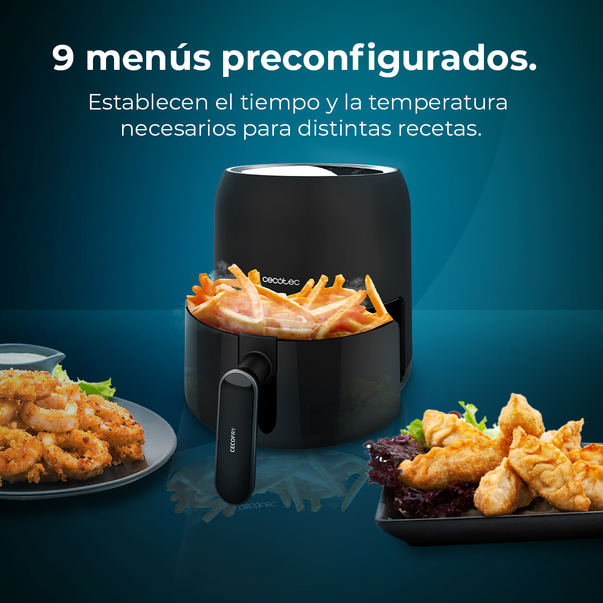 Una freidora de aire con papas fritas dentro, con platos de comida frita a ambos lados. Texto superior: '9 menús preconfigurados'.