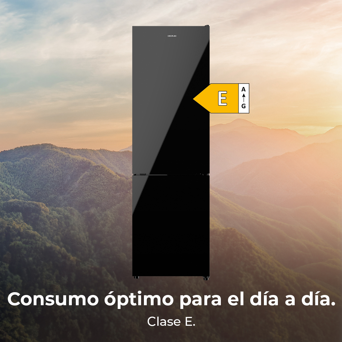 Czarna lodówka z etykietą efektywności energetycznej (E) na tle górskiego krajobrazu.