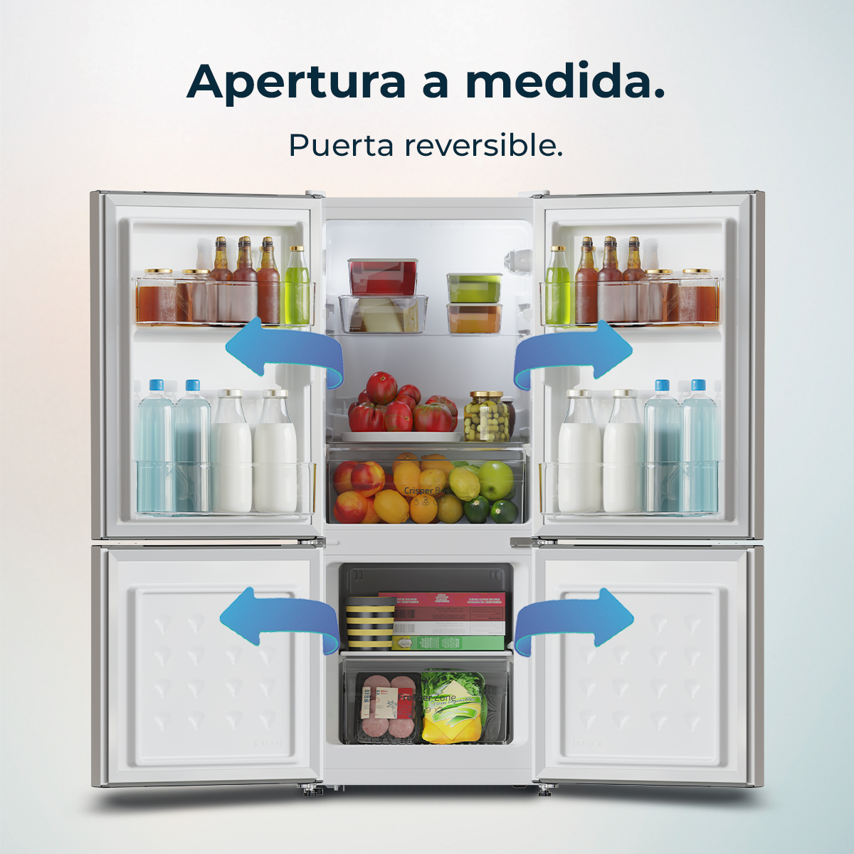 Frigorifero aperto con cibo: bottiglie, frutta, verdura e barattoli. Frecce blu indicano porte aperte. Testo: Apertura a medida.