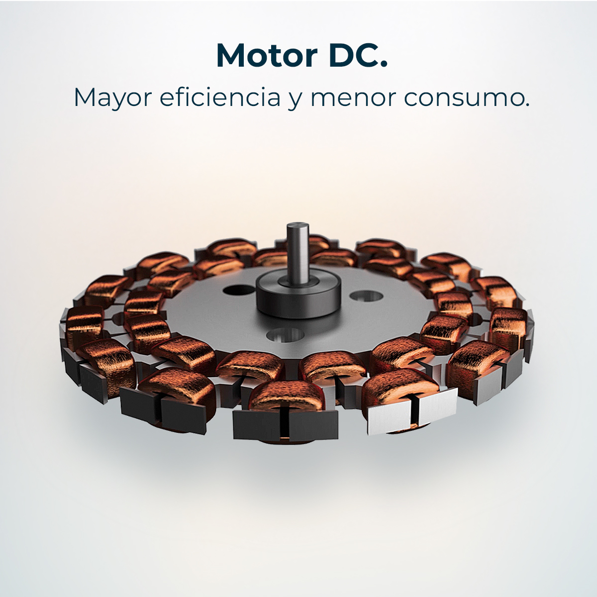 Szczegół silnika DC. Brązowe cewki miedziane otaczają centralną piastę i wał. Tekst na górze: 'Motor DC'. Tło jest białe.
