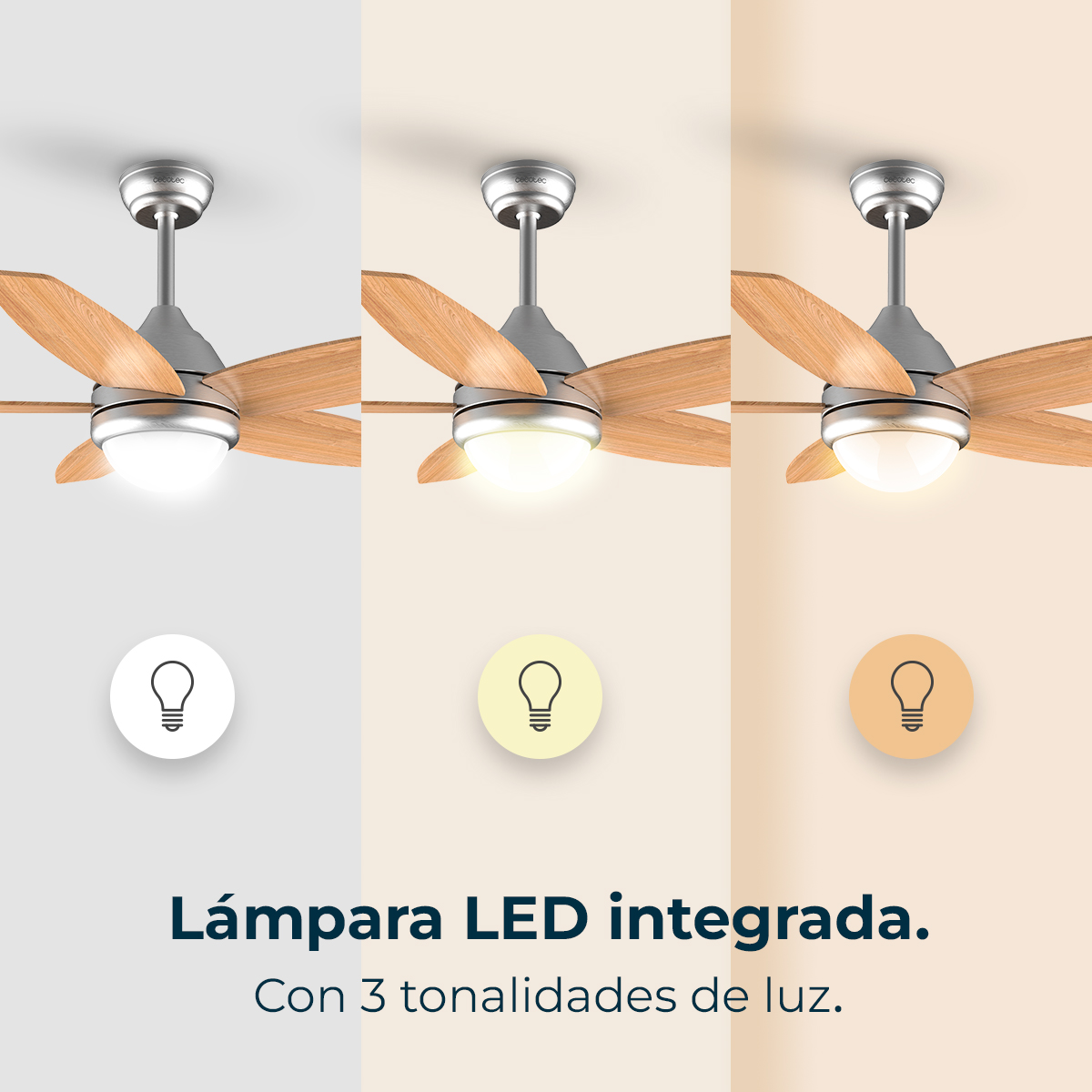 Wentylator sufitowy z drewnianymi łopatkami, zintegrowane światło LED w trzech odcieniach. Ikony i tekst w języku hiszpańskim, wskazujące funkcje światła.