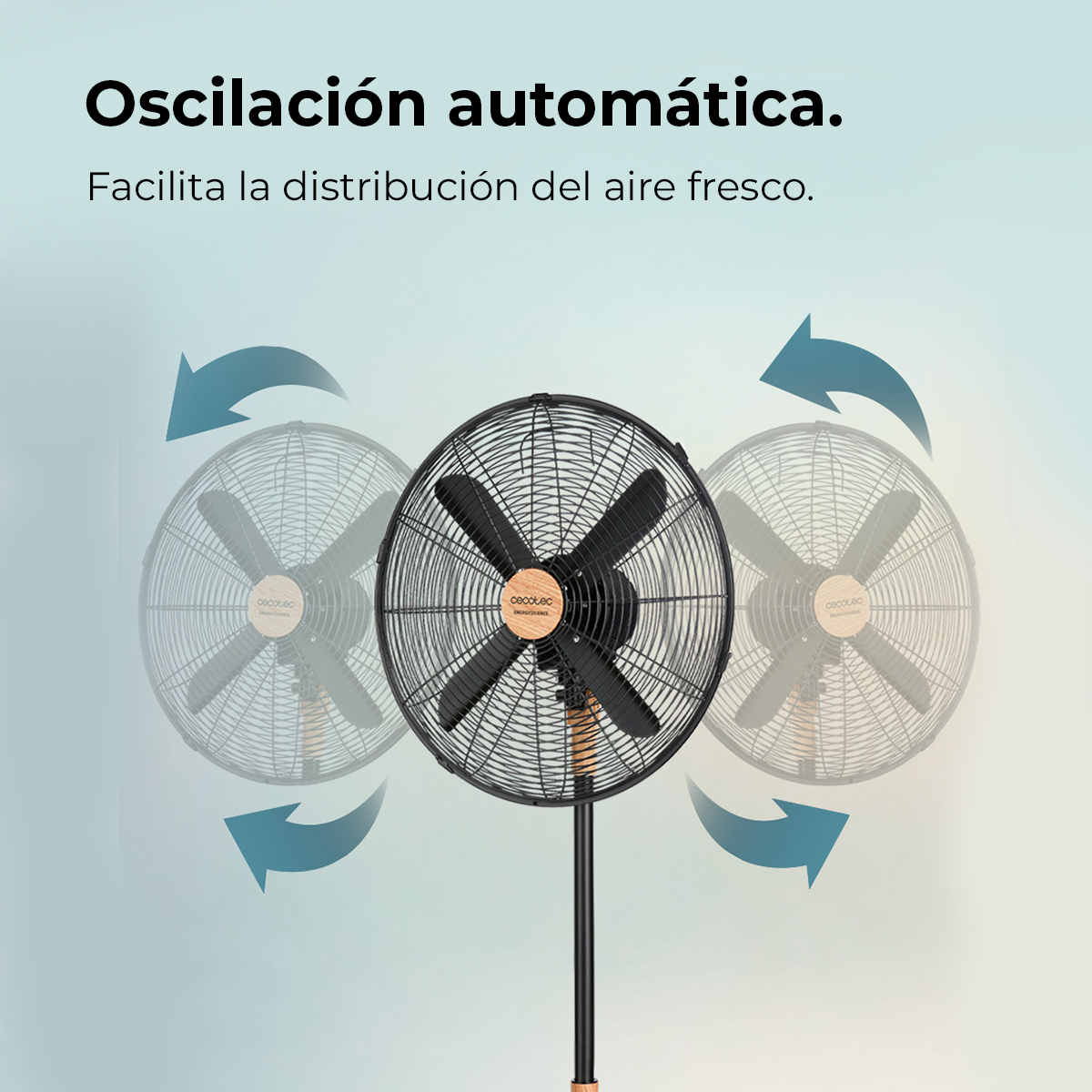 Czarny wentylator oscylacyjny z czterema łopatkami znajduje się na środku, z dwiema wyblakłymi wersjami wentylatora po obu stronach. Strzałki wskazują ruch.