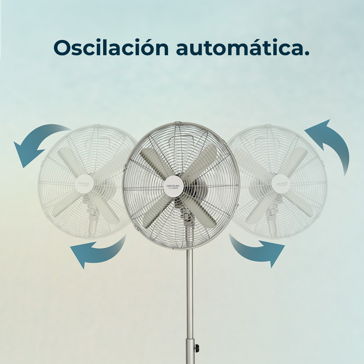 Metalowy wentylator stojący z trzema pozycjami, wskazanymi strzałkami. Tekst u góry brzmi 'Oscilación automática'.