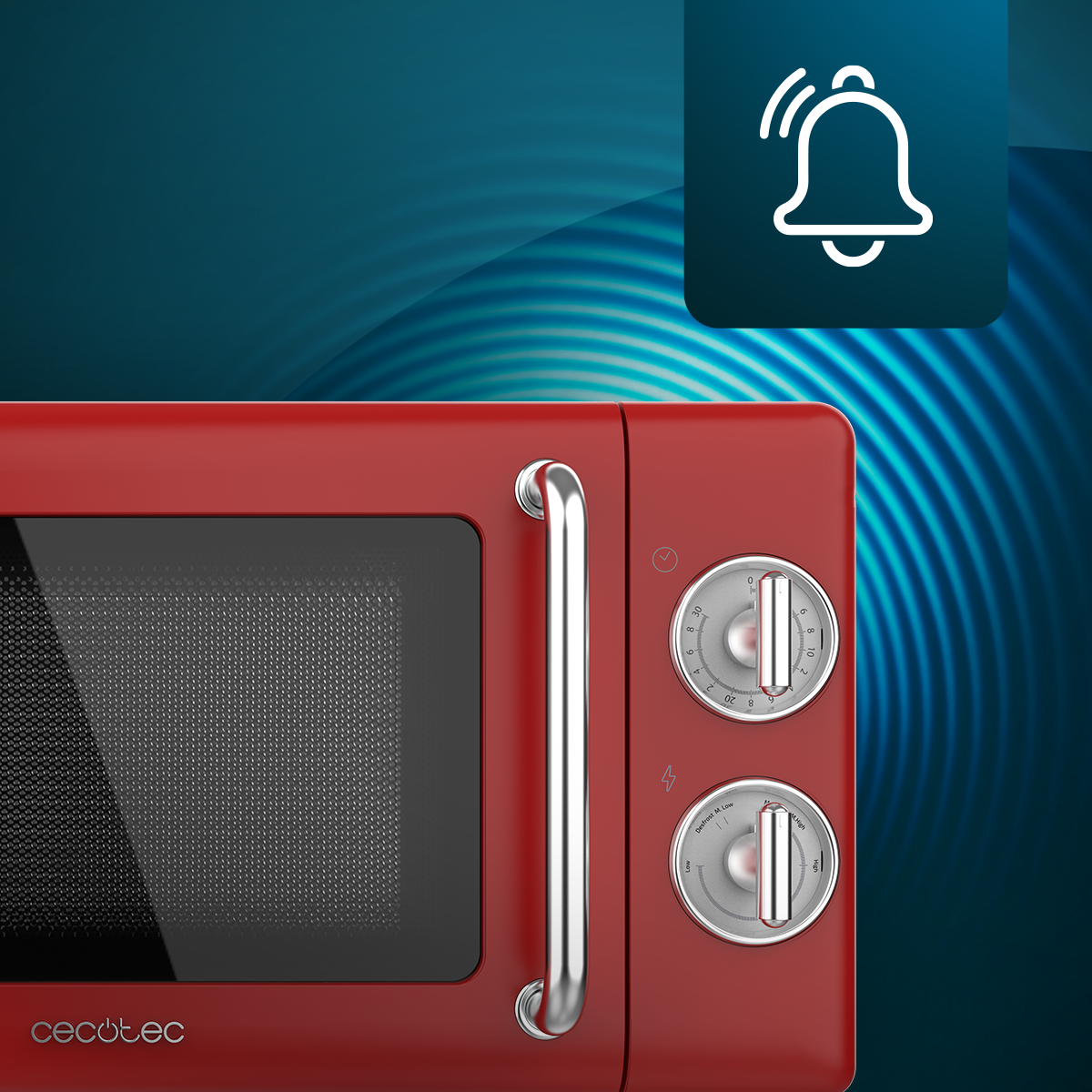 Czerwona kuchenka mikrofalowa ze srebrnym uchwytem i pokrętłami. Ikona dzwonka w tle.