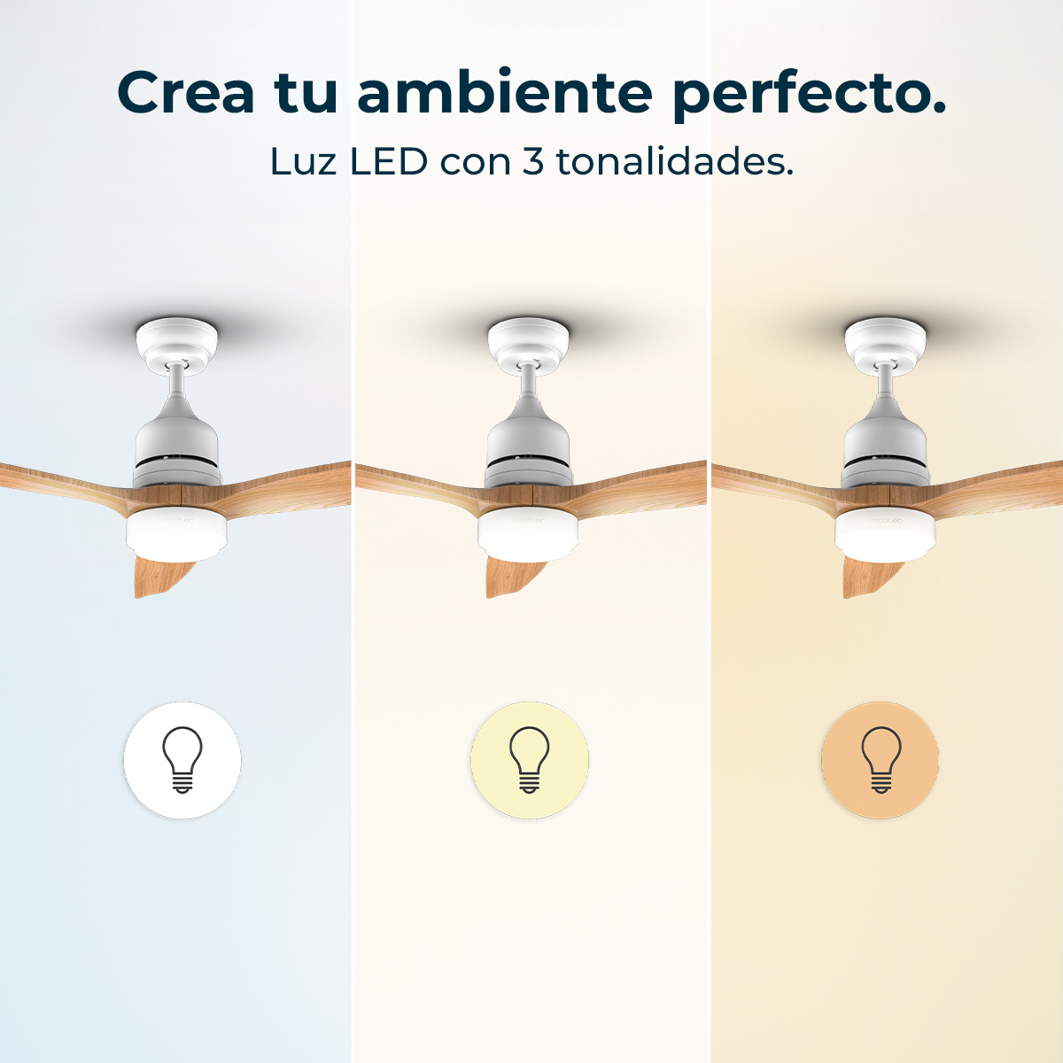 Obraz przedstawia wentylator sufitowy z trzema różnymi ustawieniami światła: chłodna biel, ciepła biel i ciepły żółty.