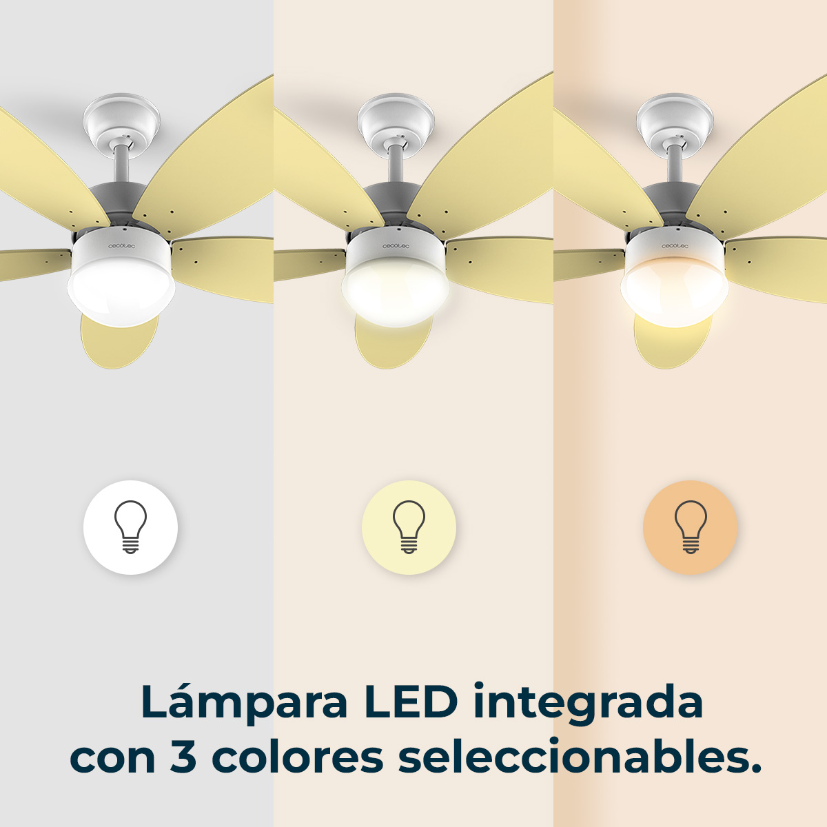 Wentylator sufitowy z trzema opcjami kolorów światła. Każdy panel pokazuje inny odcień światła z ikonami.